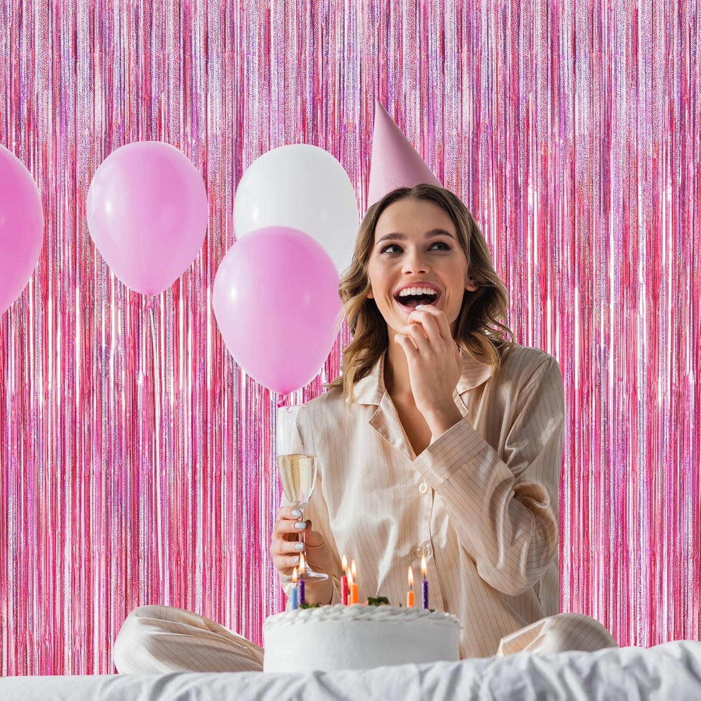 Pink Holographic Foil Fringe Curtain